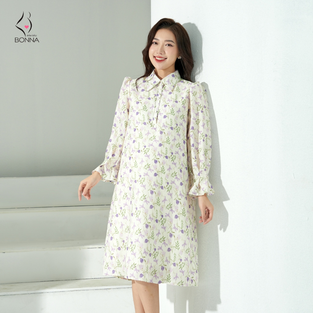 Đầm bầu thiết kế BONNA dáng suông A, dáng sơ mi tinh tế, chất tằm hàn ,làm váy bầu công sở, váy bầu dự tiệc VS445