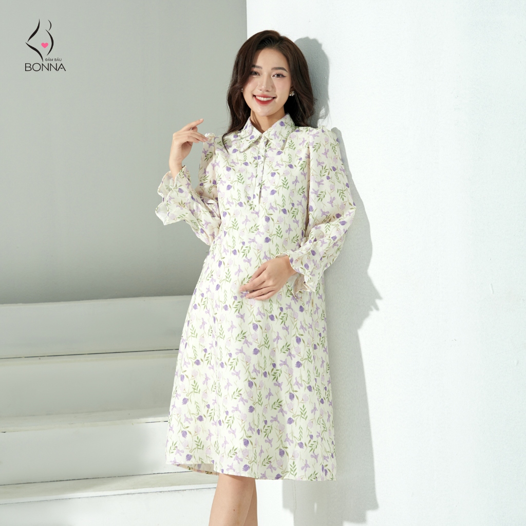 Đầm bầu thiết kế BONNA dáng suông A, dáng sơ mi tinh tế, chất tằm hàn ,làm váy bầu công sở, váy bầu dự tiệc VS445