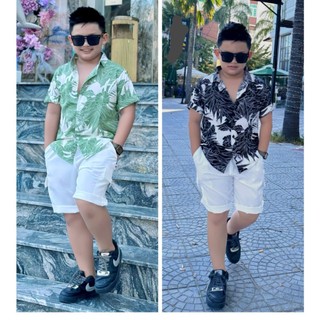 Áo sơ mi màu xanh bạc hà màu đen họa tiết lá đẹp lạ size nhỏ bigsize cho bé đi học đi biển đi chơi giáng sinh đi tiệc