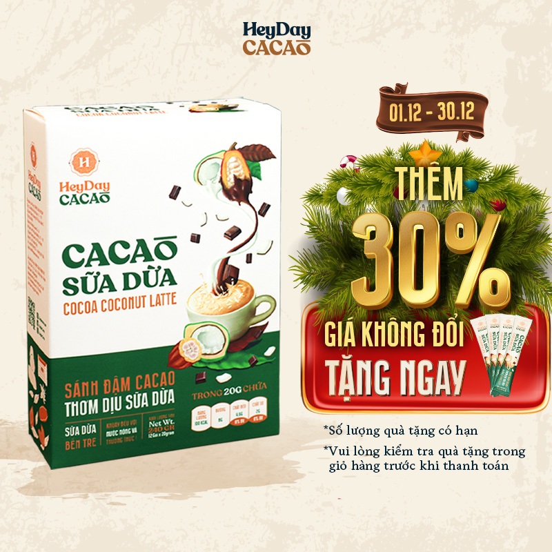 Bột Cacao Sữa Dừa Heyday - Hộp 12 gói x 20g - Đậm vị cacao thượng hạng và thơm béo sữa dừa tốt cho sức khoẻ