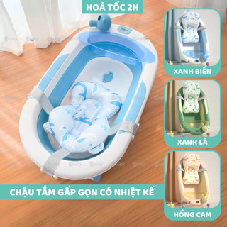 [TẶNG CHẬU RỬA MẶT] Chậu tắm cho bé gấp gọn có nhiệt kế kèm phao cá heo 9BABY