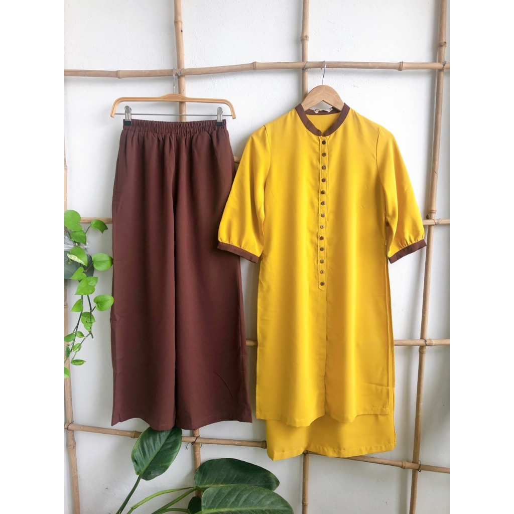 Bộ áo dài nâu, trang phục đi lễ, pháp phục đũi trơn mềm mại Khả Nhiên - Omanda