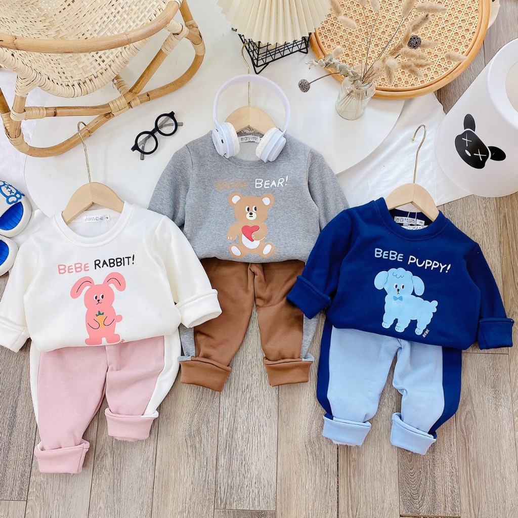 Bộ quần áo nỉ lót lông, bộ quần áo thu đông cho bé trai, bé gái, mềm, dày, bao ấm, bao đẹp BD34