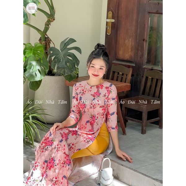 ÁO DÀI GẤM HỒNG IN 6D HỌA TIẾT HOA - G19