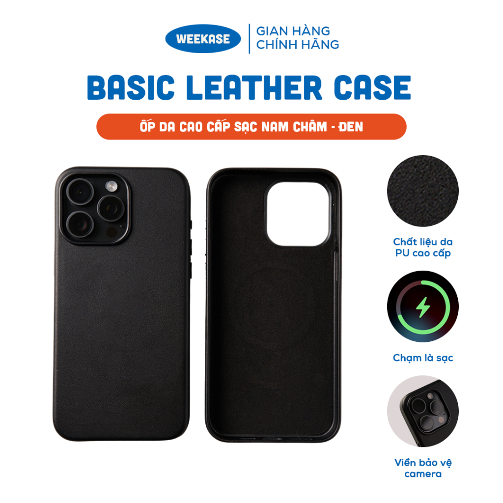 Ốp Da cao cấp 1-1 full viền, lót nhung, hỗ trợ Sạc nam châm Weekase Basic Leather Case Màu Đen