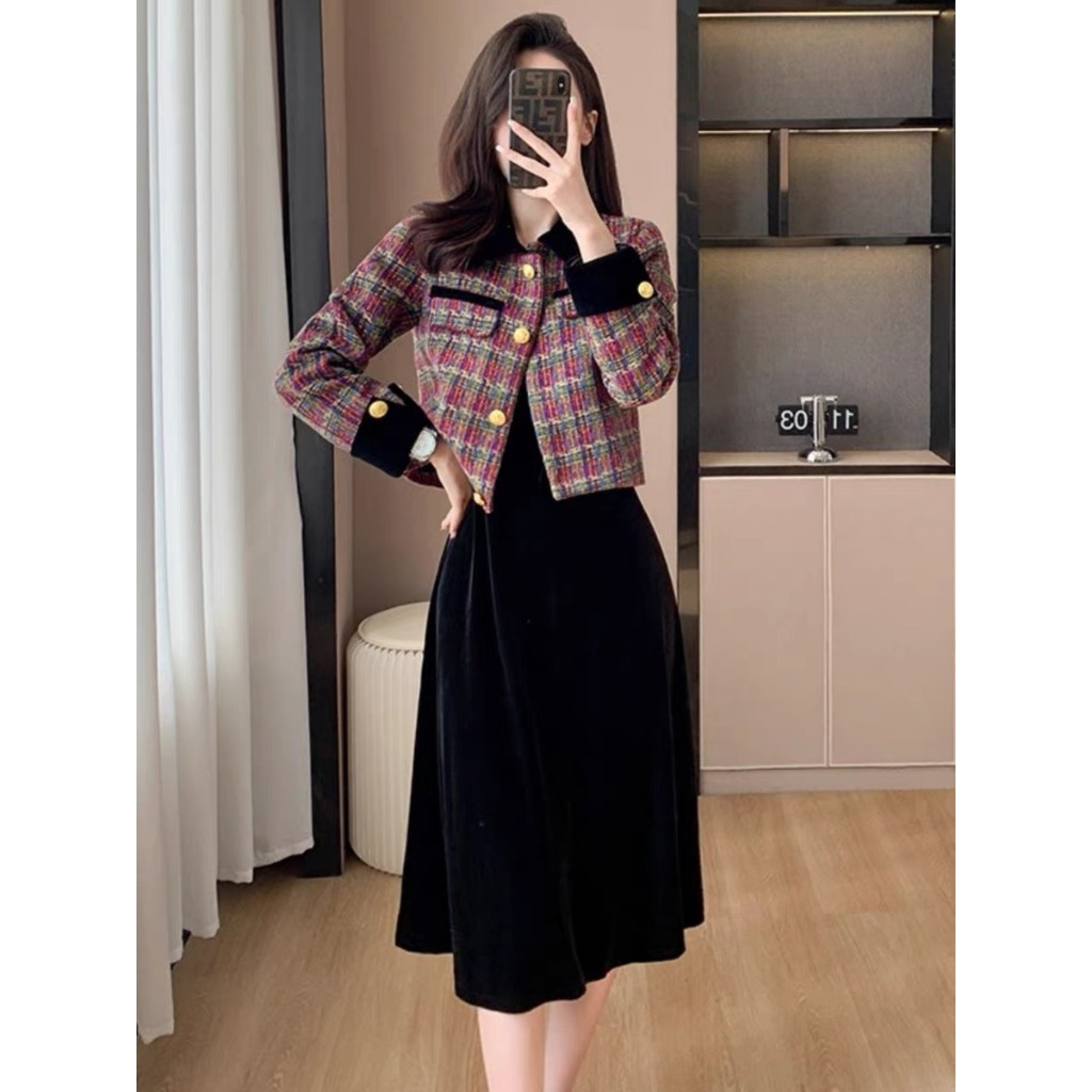 Áo dạ kẻ phối nhung đen 2 lớp, cầu vai đầy đủ, full lớp lót thân người