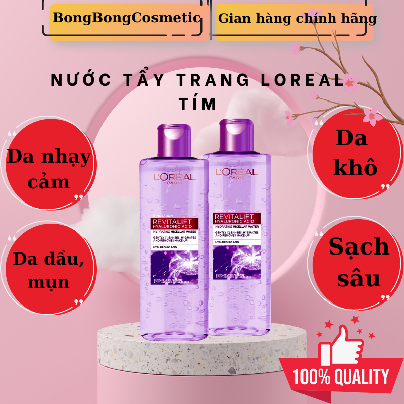 Nước tẩy trang loreal tím 400ml chính hãng dành cho da dầu da mụn, da khô và da nhậy cảm