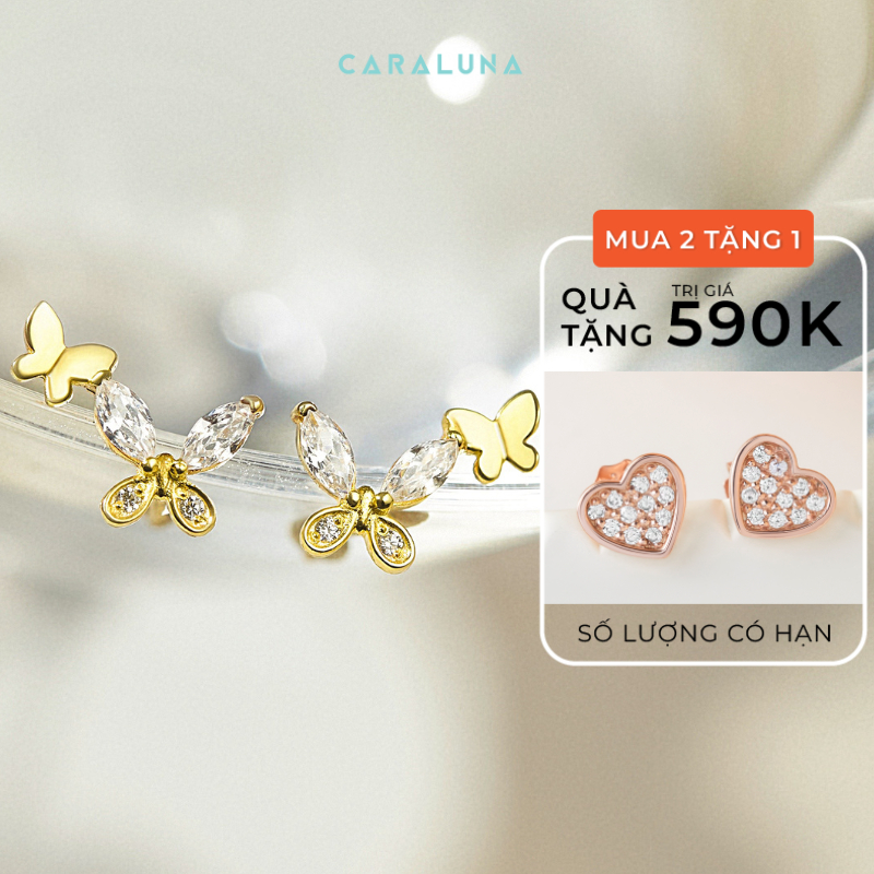 Hoa Tai Bạc Nữ CARA LUNA Dáng Nụ Hình Con Bướm Đôi Đính Đá Trang Sức Bạc 925 Dainty Butterfly - VSE06