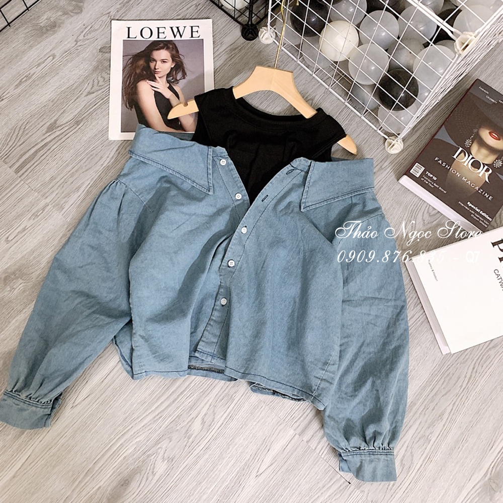 Áo jean nữ croptop rớt vai phối áo thun!  THẢO NGỌC STORE