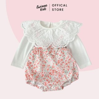 Bộ đồ Yếm cotton hoa nhí bé gái màu hồng phấn và áo trắng dài tay bé gài cổ ren công chúa