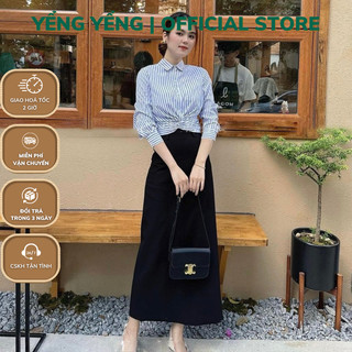 S73 - set áo sơ mi xanh sọc xoắn eo cvay midi