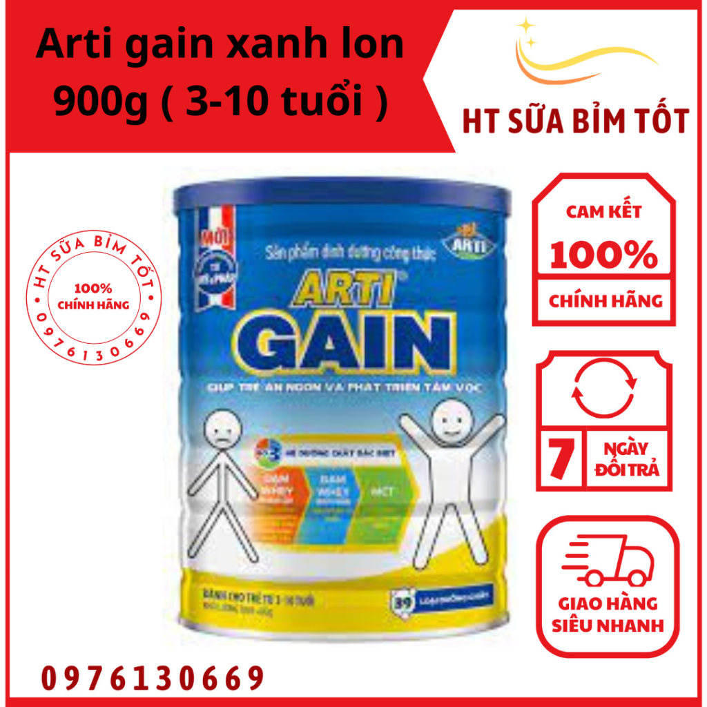 Sữa bột Arti Gain Xanh (900g) giành cho trẻ suy dinh dưỡng, biếng ăn chậm lớn độ tuổi phù hợp 3-10 tuổi