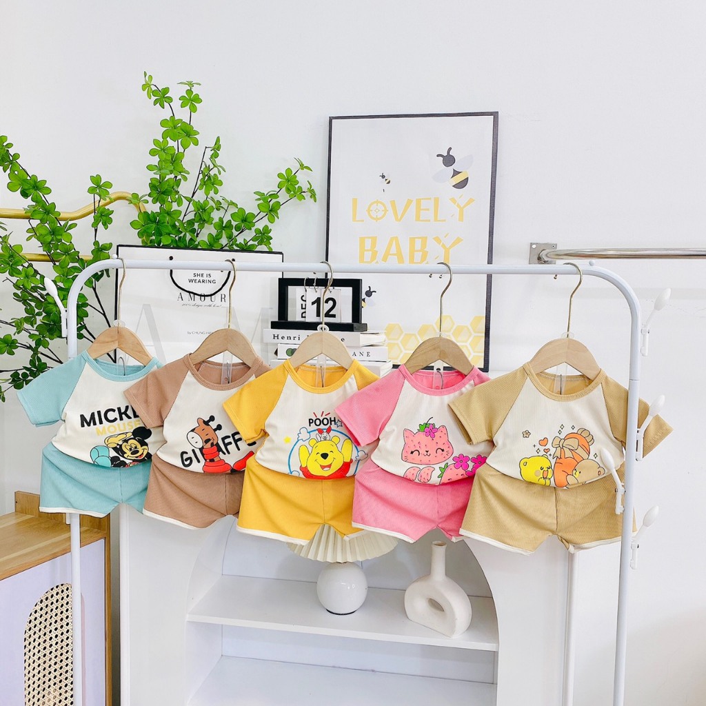 COMBO 5 bộ : Bộ 2 dây bé gái :Bộ cộc tay cho bé - Đồ mặc nhà vải thun tăm co giãn Thokids2023