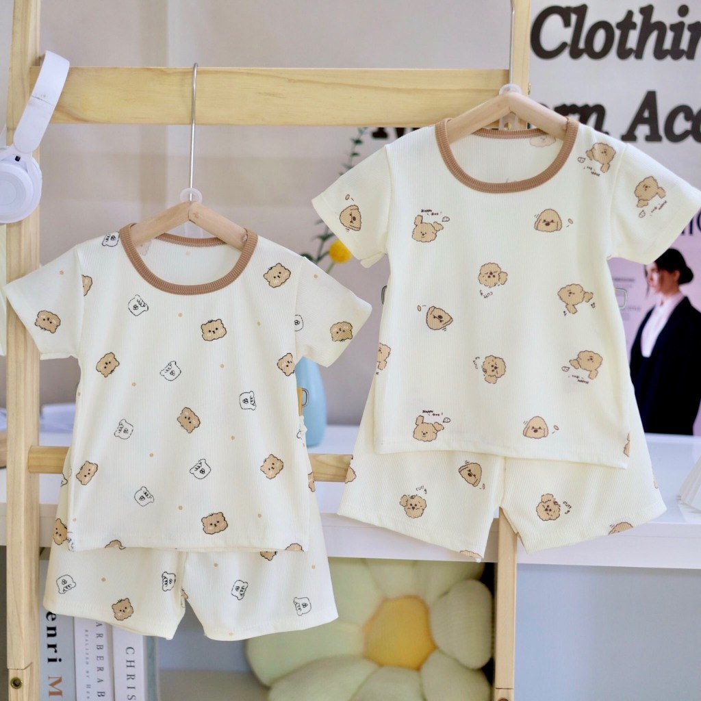 6-16kg Bộ mặc nhà cộc tay màu trắng sữa dễ thương hoạ tiết gấu nâu - đồ bộ trẻ em vải thun tăm co gi