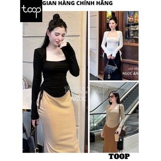 Áo thun dài tay cổ vuông rút dây 2 bên chiết eo lên dáng cực xinh, Áo thun nhăn vạt bầu ôm body siêu hot - TOOP