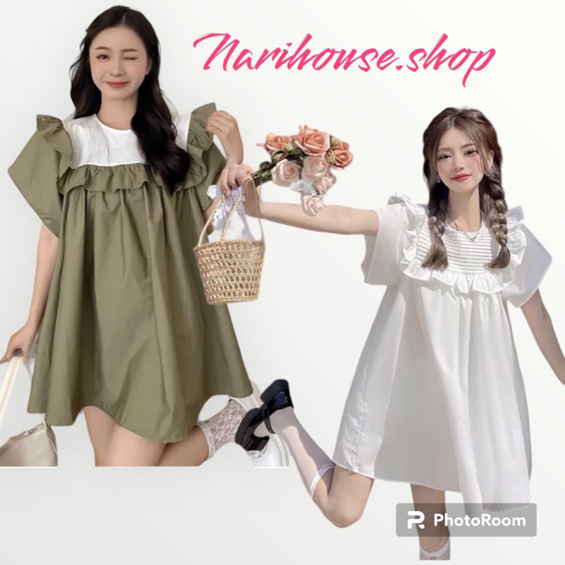 Váy babydoll tay nơ & cổ bẻ