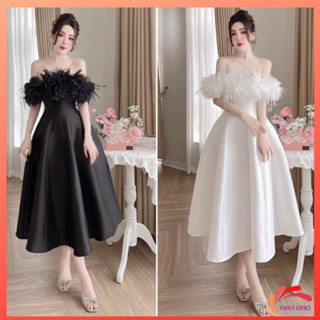 Váy Trễ Vai Kết Hoa Phối Lông Dự Tiệc Sang Trọng Size S M L Chất Taffa V525 AĐ BOUTIQUE