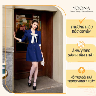 Đầm dáng A thiết kế cổ vest phối nơ trắng to nổi bật YOONA - YD11A214