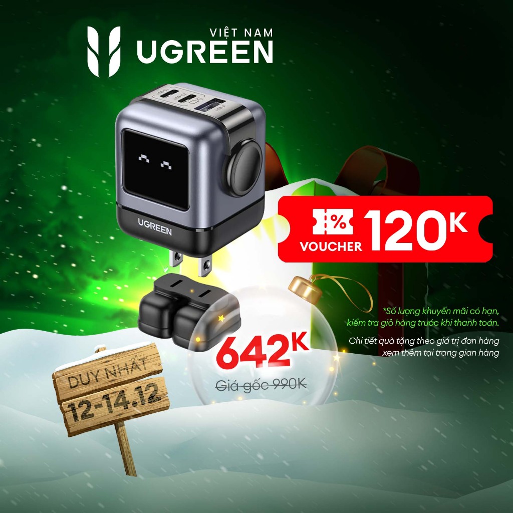 Củ sạc nhanh RoboGaN Mini CD361 65W UGREEN| 3 cổng Sạc Nhanh| Công nghệ GaN II | BH 18 tháng