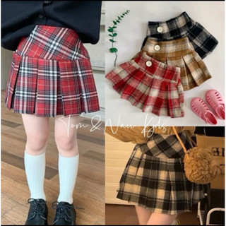 CV4-[Tom&Nau Kids] Chân váy xếp ly caro bé gái gắn Nút có lót trong - Size 8-40Kg
