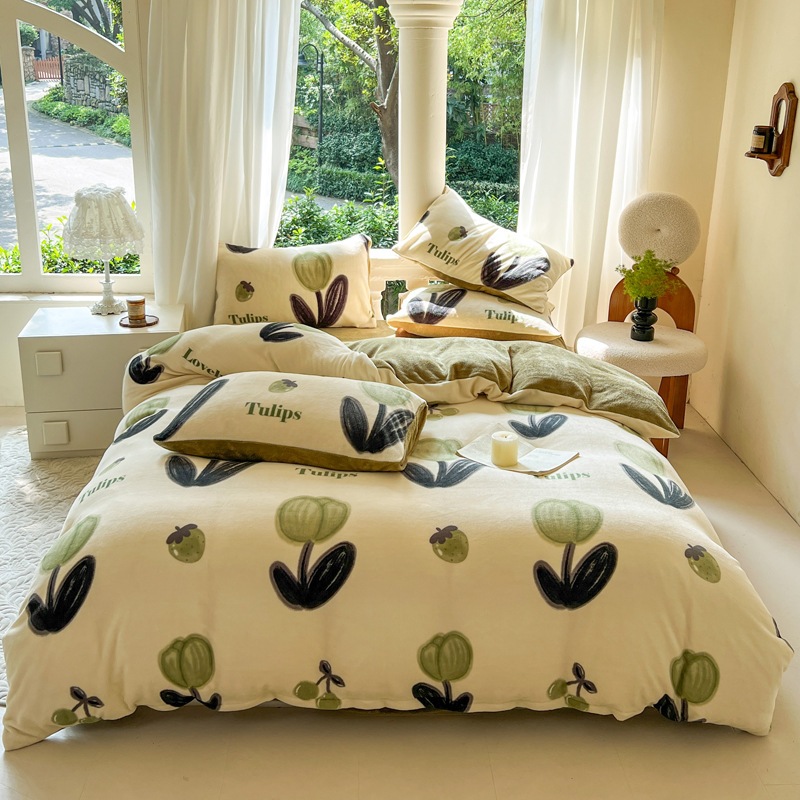 Bộ chăn ga gối nỉ nhung họa tiết vintage, Set vỏ 4 món hàng nhập, ga giường bo chun hoặc phủ tùy chọn