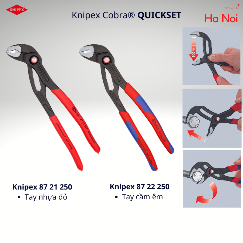 Kìm Nước Mỏ Quạ KNIPEX Cobra® QuickSet Chiều Dài 250mm (Có Chốt Nhấn Màu Đỏ) 87 21 250 & 87 22 250