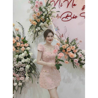 Đầm váy nữ cổ vuông đính nút xinh xắn