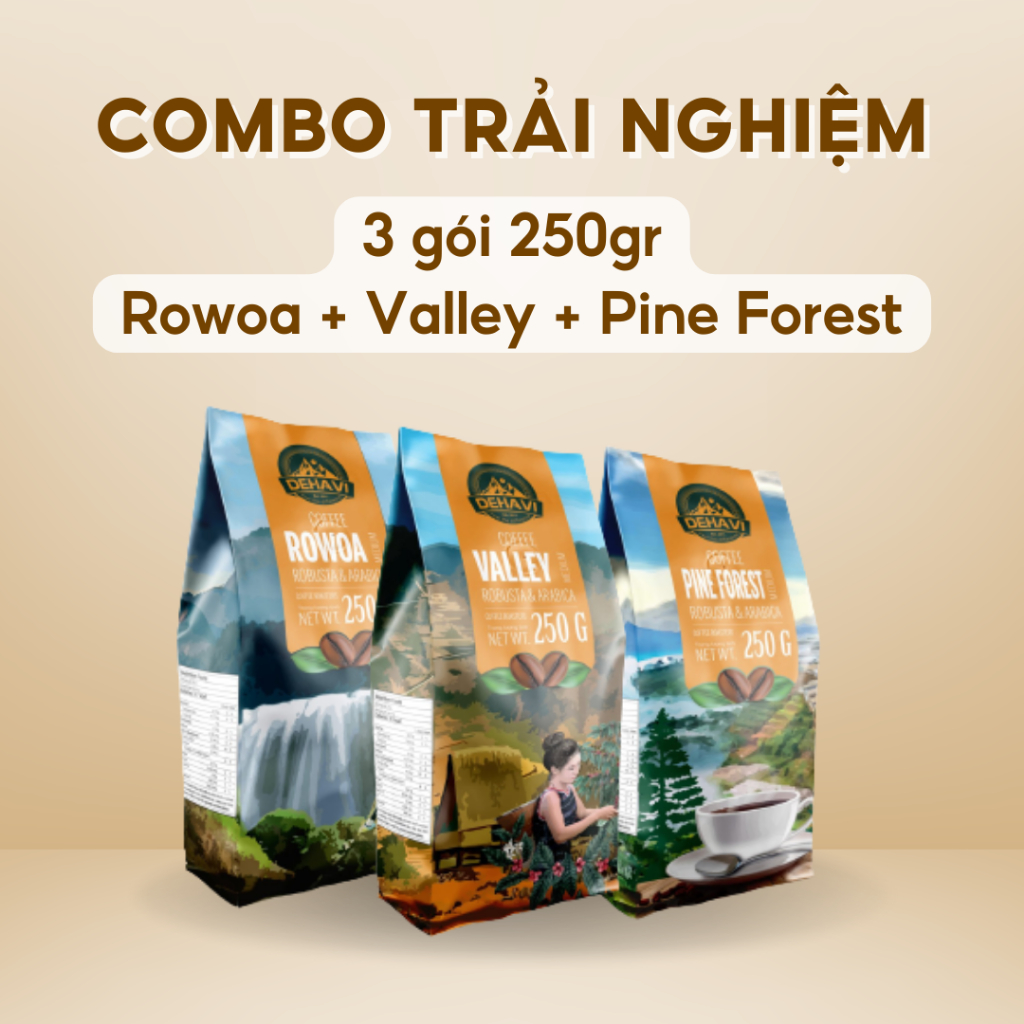 Combo gồm 3 gói cà phê pha phin Rowoa, Valley, Pine Forest 250gram từ Dehavi giảm 30%