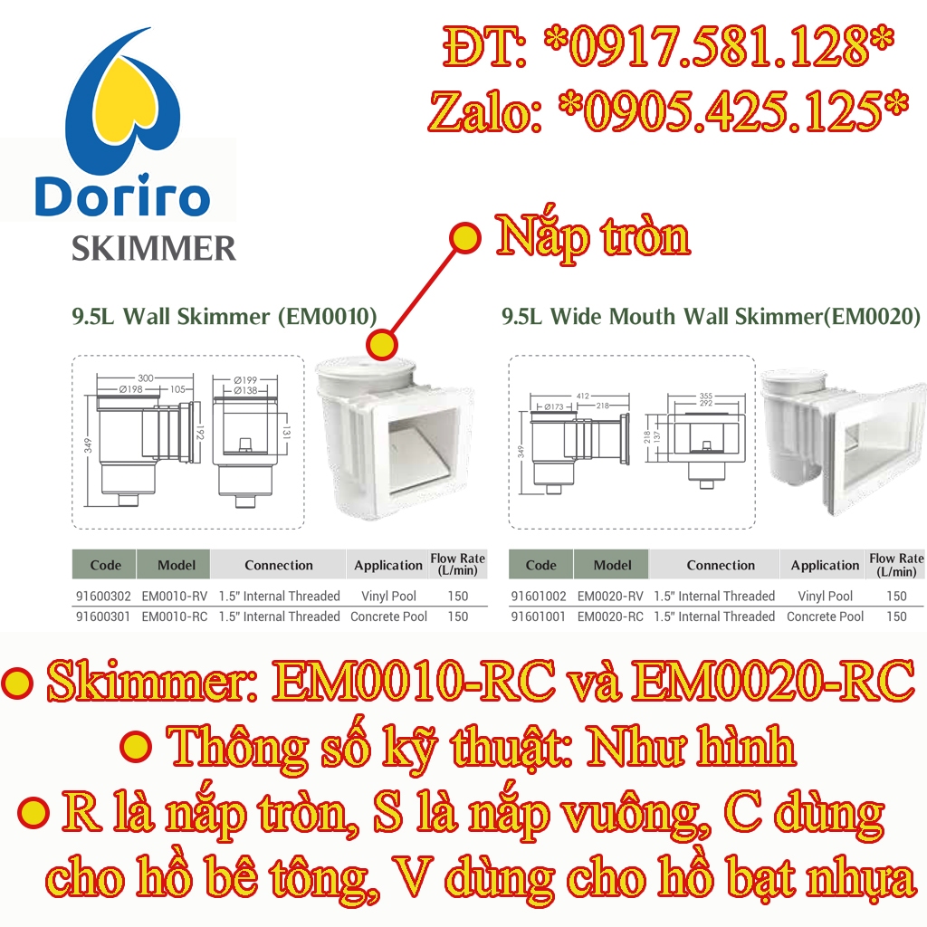 Skimmer hồ bơi, Thương hiệu Emaux – Họng thu nước trên bề mặt hồ bơi, dùng cho hồ bê tông hoặc hồ bạt nhựa.