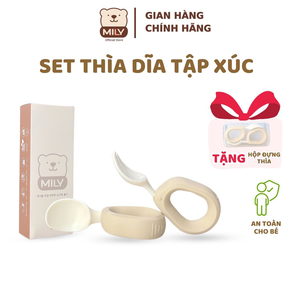 Set thìa dĩa tập xúc chính hãng Mily kiểu bẻ cong.