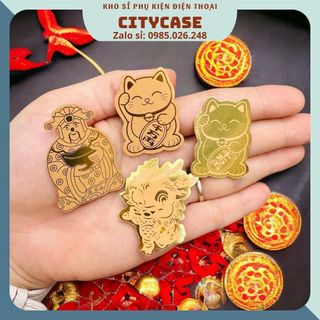 Miếng dán Mèo thần tài và Ông thần tài Rồng vàng dát vàng dán trang trí điện thoại may mắn đóng túi đẹp CITYCASE