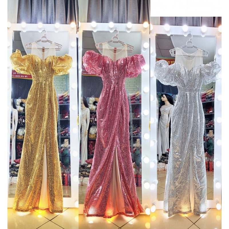 Dạ hội body kim sa trễ vai tay phồng - kèm ảnh thật