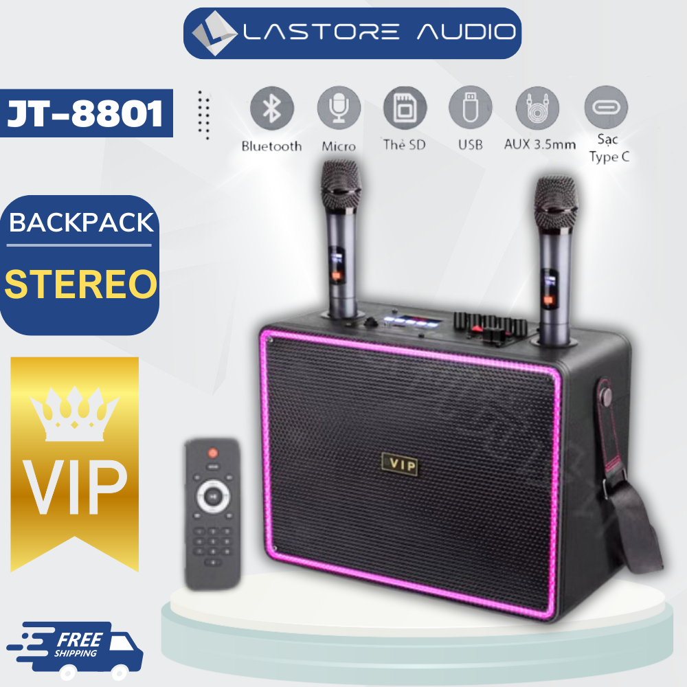 Loa Karaoke Bluetooth VIP JT-8801 Kèm 2 Mic / Đỉnh Cao Loa Xách Tay Mini Luxury, Có Đèn Led RGB Đuổi, Bass Siêu Hay