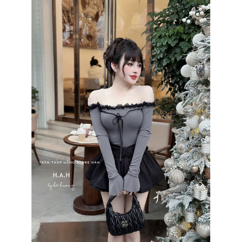 Sét áo len tăm mix chân váy nơ 2 màu