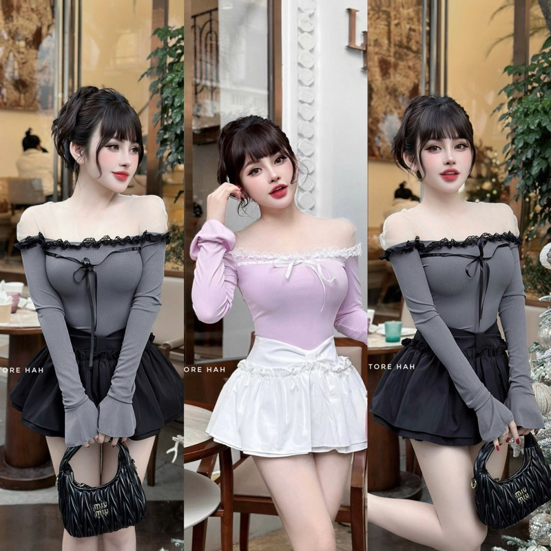 Sét áo len tăm mix chân váy nơ 2 màu