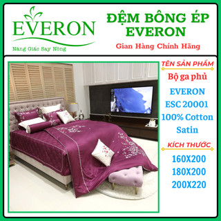 Bộ ga phủ everon chính hãng esc 20001 màu hồng tím - họa tiết thêu hoa cúc - vải cotton satin