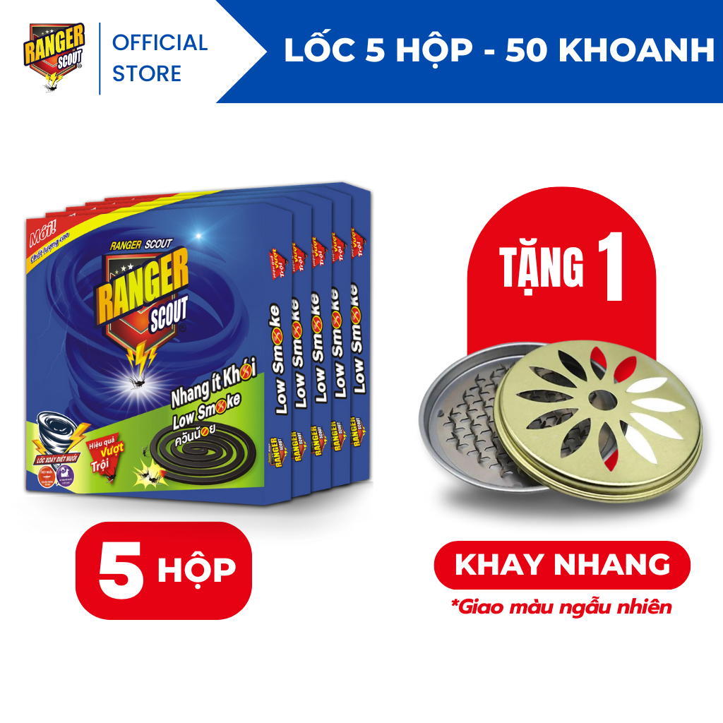 Nhang muỗi Thái Lan Ít Khói, Không Mùi Ranger Scout Low Smoke - Combo 5 hộp  + Tặng Khay Đựng Nhang