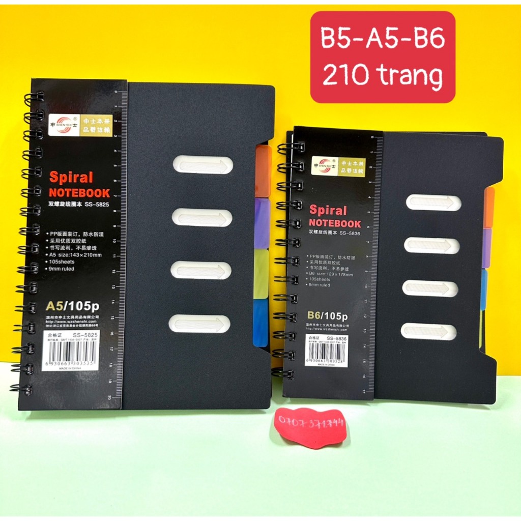Sổ Lò Xo Phân Trang B5-A5-B6 Bìa Nhựa 210 Trang Có Thước Tiện Dụng Dòng Kẻ Ngang