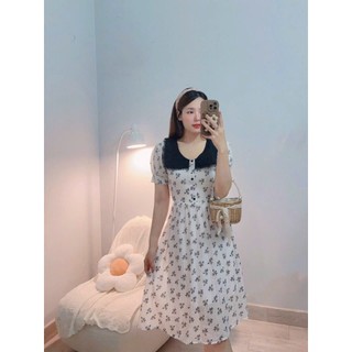 ĐẦM TRẮNG HOA ĐEN NHÍ PHỐI KIỂU CỔ REN - Hình shop chụp thật