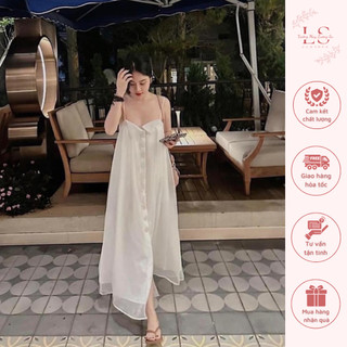 Váy trắng 2s cúc thiết kế xẻ tà, hàng may 2 lớp sịn sò