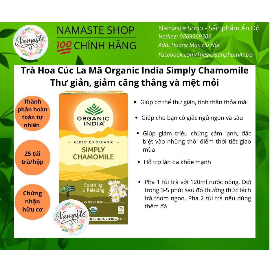 Trà Hoa Cúc La Mã Organic India Simply Chamomile- Thư giản, giảm căng thẳng và mệt mỏi