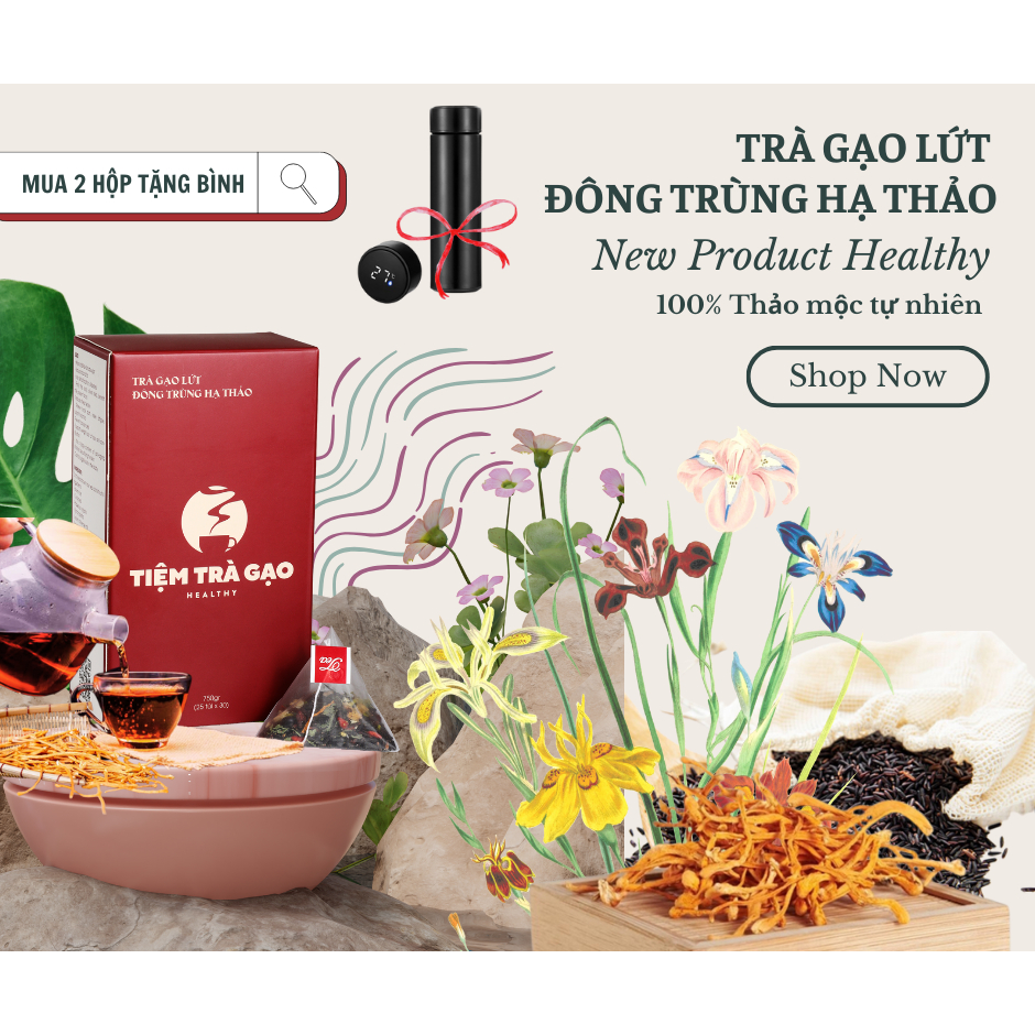 { Mua kèm Deal sốc bình trà } Trà gạo lứt Đông trùng hạ thảo hộp 25 gói giảm cân mát gan, ngủ ngon, giảm căng thẳng 750g