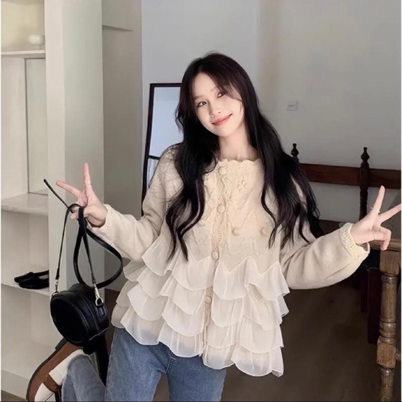 Áo Cardigan Len VIVIENNE áo len kiểu Hàn Quốc, cổ tròn phối tơ bèo 4 tầng, dệt kim, họa tiết tiểu thư sang chảnh