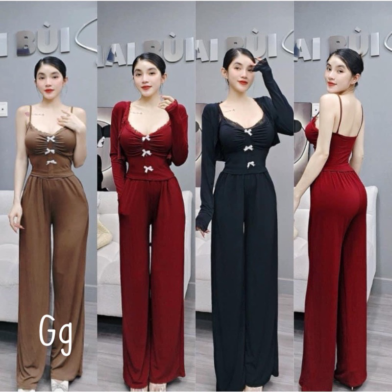 SET Bộ TĂM LẠNH 3 MÓN Áo Dây Croptop Nơ + Quần Ống Xuông Rộng + Khoác Ngắn