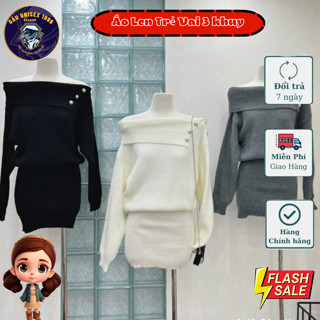 Áo Len Hở Vai Đính 3 Khuy Cúc Vàng 💙 Váy Ôm Body, Chất Len, Sang Chảnh, Bánh Bèo Tiểu Thư