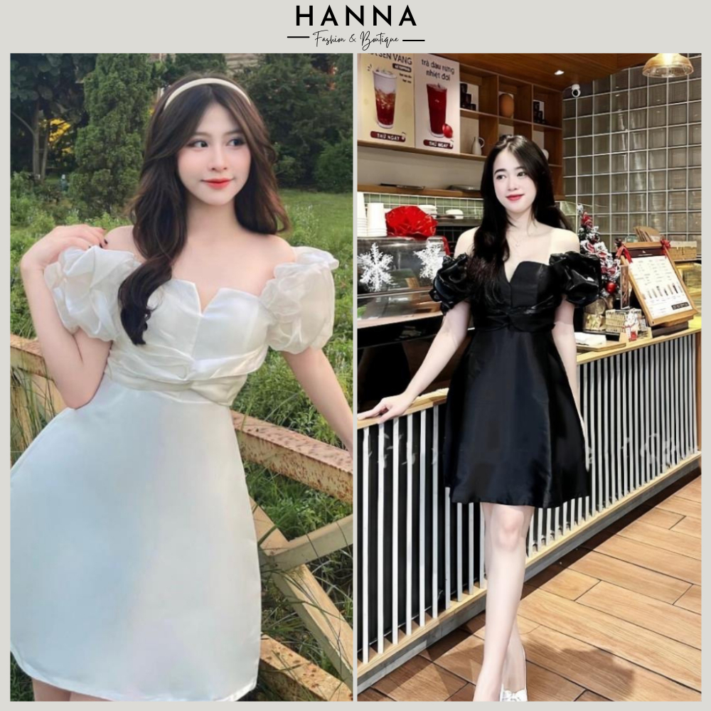 Váy dự tiệc xoắn ngực tay bồng trễ vai, đầm thiết kế điệu đà sang chảnh có mút ngực