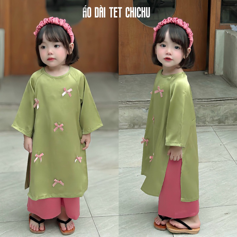 Áo Dài Tết Bé Gái Cách Tân Nơ Nhí CHICHU Lụa Ngọc Trai Mềm Dáng Rộng - Tặng Kèm Bờm và Dây Ngọc Trai