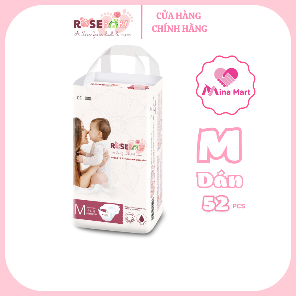 Bỉm tã dán ROSE BABY size M 52 miếng (6-11kg) ( gói 52 miếng tã rosebaby )
