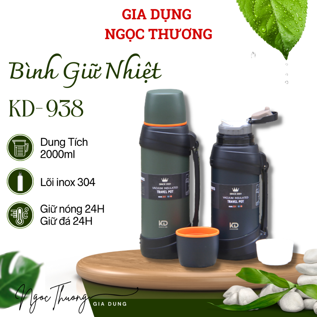 KD-938 Bình giữ nhiệt 2000ml inox 304 thông minh có dây đeo quai xách giữ nhiệt 24 tiếng - Gia Dụng Ngọc Thương