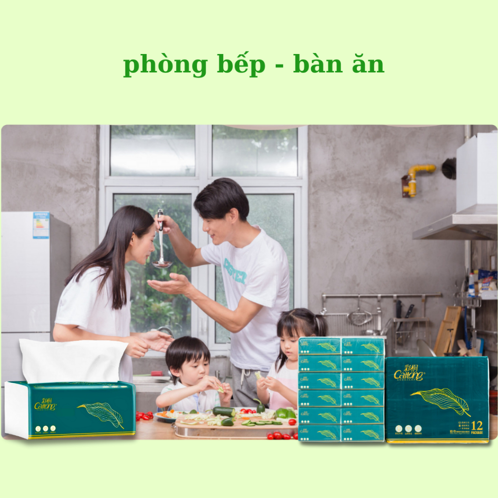 Giấy ăn dạng rút Caitong giấy ăn siêu dày, 5 lớp, mềm mịn màu xanh lá vàng